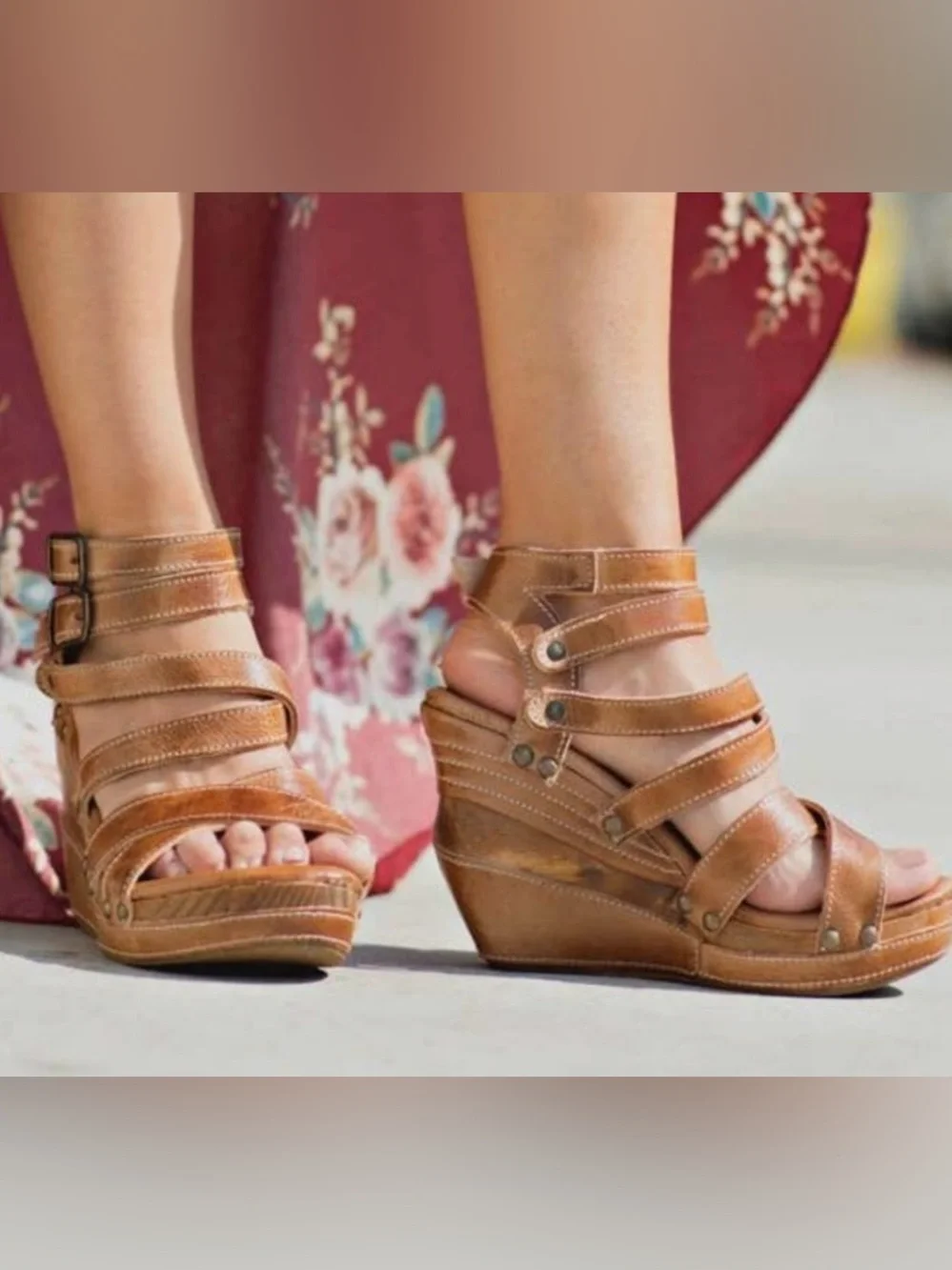 Bed Stu Juliana Sandals Sz 8.5B Strappy Wooden Platform Distressed Orange Rustic